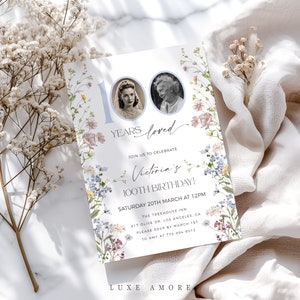 Faire-part 100e anniversaire fleurs sauvages, 100 ans d'amour, faire-part 100 ans photo pour femme, modèle modifiable, 100e invitation élégant