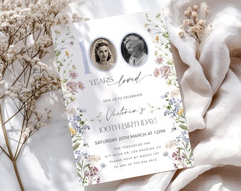 Wildflower 100th Birthday Invitation, 100 Years Loved Invite, Photo 100th Invitation For Women, Editable Template, Elegant 100th Invite