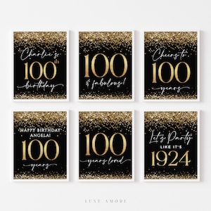 黒と金の 100 歳の誕生日の飾り、100 歳の誕生日の看板、編集可能なテンプレート、100 歳の誕生日パーティー、100 歳の誕生日を祝う、男性向け、男性の 100 歳の誕生日
