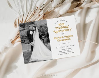 Photo 10th Anniversary Invitation Template, Vow Renewal Invite, Gold Invitation, Editable Template, Simple Anniversary Invite, 10 Years