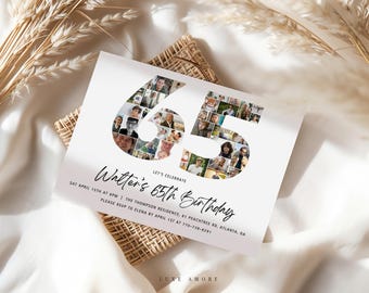65th Birthday Invitation Template, 65th Birthday Photo Collage, 65th Birthday Invite, 65 Number Collage, Editable Template, Canva