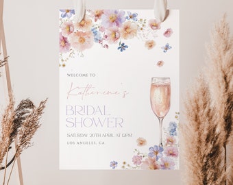 Petals and Prosecco Bridal Shower Welcome Sign, Spring Garden Welcome Sign, Editable Template, Floral Bridal Shower, Pink and Purple, BRI2