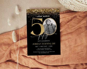50th Birthday Invitation Template, 50th Invitation With Photo, Look Who's 50, Male Birthday Invite, Black and Gold, Editable Template