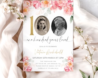 May include: A white invitation card with pink floral designs and gold accents. The card features two photos of a woman at different ages, with the text "one hundred years loved" and "Victoria Archibald". The invitation details a celebration for a 100th birthday on March 20th at 12pm at The Treehouse Inn.