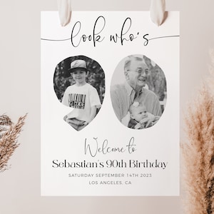 Photo 90th Birthday Welcome Sign, Look Who&#39;s 90 Birthday Welcome Sign, Editable Template, Modern Welcome Poster, Male Birthday Welcome Sign