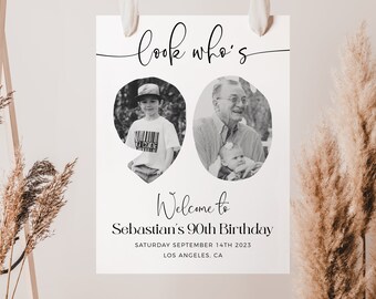 Photo 90th Birthday Welcome Sign, Look Who's 90 Birthday Welcome Sign, Editable Template, Modern Welcome Poster, Male Birthday Welcome Sign