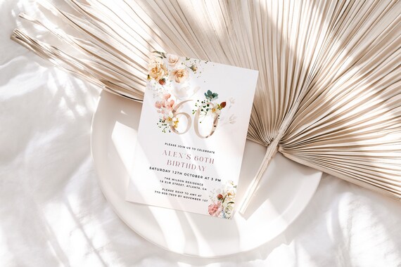 Floral 60th Birthday Invitation Template, Feminine 60th Birthday Invite, Editable Template, Any Age Birthday Invite, Female Birthday