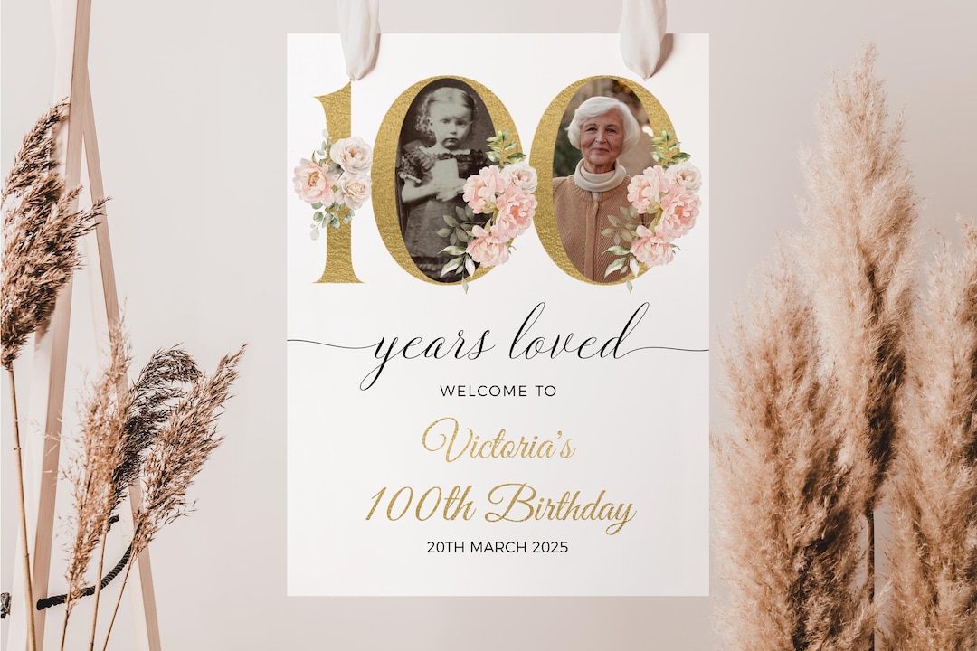 100 Years Loved Sign, Floral 100th Birthday Welcome Sign, Welcome Sign ...