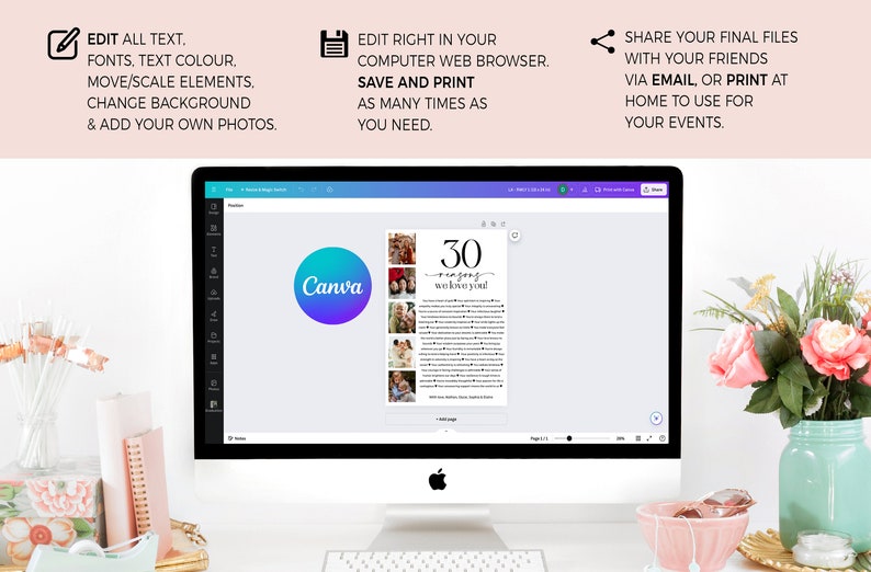 May include: A computer monitor displays a Canva design template with the text "30 reasons we love you!" and several photos. The screen also shows editing instructions and options to save, print, and share the design.