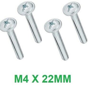 May include: Four silver-toned screws with a flat head and a cross-shaped slot. The screws are 22 mm long and have a diameter of 4 mm. The text "M4 X 22MM" is printed in green below the screws.