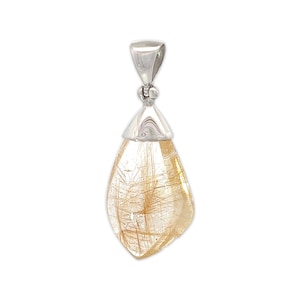 May include: A silver pendant featuring a teardrop-shaped clear quartz crystal with gold inclusions. The pendant is ready to be added to a necklace or chain.