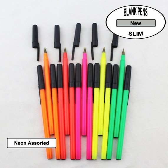 Neon Slim Pens Colored Body, Cap and Accent Blank Pens non-personalized,  Non-branded Black Ink 