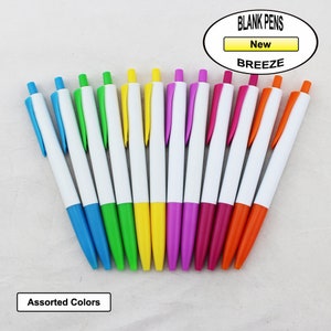 May include: Assortment of blank pens in various colors, including blue, green, yellow, orange, pink, and purple. The pens are white with a colored tip and are arranged in a semi-circle. The text "BLANK PENS" and "BREEZE" are visible in the image.