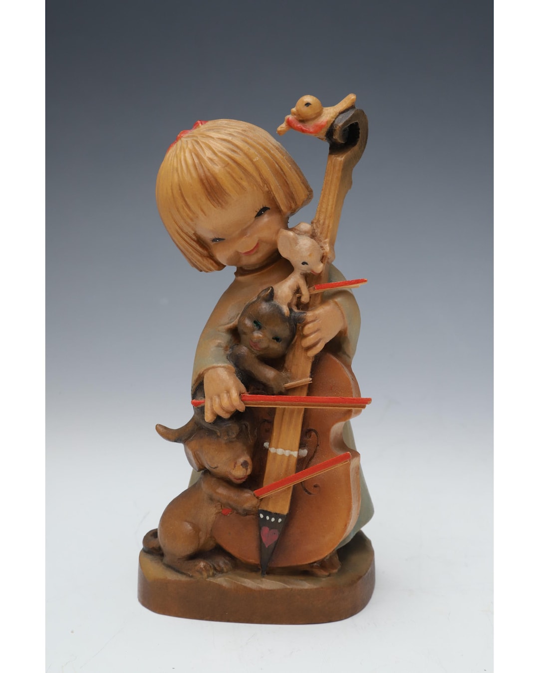 Vintage Anri Girl Playing Cello With Dog Cat and Mouse - 6