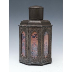 Antique Chinese Tea Caddy With 8 Reverse Hand Painted Decorative Glass Panels