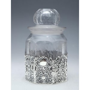 Antique Vanity Jar Sterling Silver Mounted On Engraved Crystal  6 inches