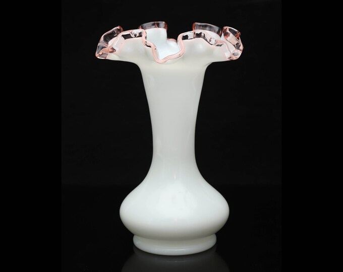 Fenton Milk Glass Vase With Pink Crest Double Crimped 8 Inches Etsy