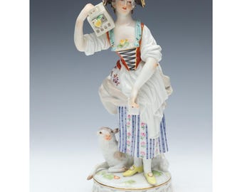 Antique Meissen Woman Holding A Bird Cage And Letter Standing Next to A Lamb