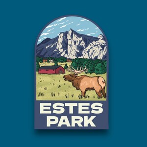 May include: A vintage-style illustration of a mountain landscape with a red barn and an elk in the foreground. The text "ESTES PARK" is printed in white on a blue background.
