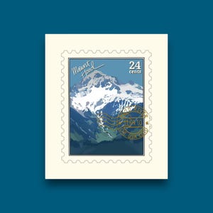 May include: A vintage postage stamp featuring Mount Hood, a snow-capped mountain, set against a blue sky. The stamp is cream-colored with a serrated edge and includes the text "Mount Hood" and "24 cents". A gold postmark is stamped on the image.