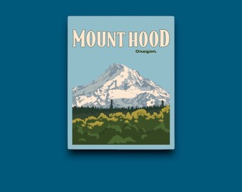 May include: A vintage-style travel poster featuring a snowy mountain peak with the text "MOUNT HOOD Oregon" at the top.