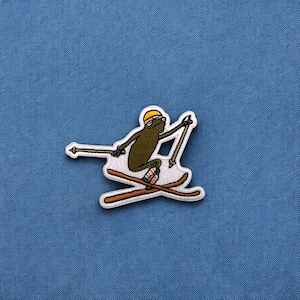 May include: An embroidered patch of a green frog wearing a yellow helmet and goggles, skiing down a white slope with two brown skis and poles.
