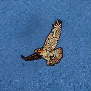 May include: A light blue fabric background featuring an embroidered patch of a bird of prey in flight. The bird is depicted with tan, brown, and cream-colored thread, showing detailed wing feathers and a sharp beak, centered on the textured blue surface.