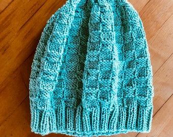 Knit Slouchy Hat--Lime Green Basket Stitch//Unisex