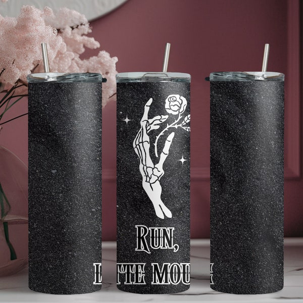 20oz Dark Romance Inspired Tumbler - Monochromatic Black & Grey sparkle effect 'Run Little Mouse' Insulated Drinkware, Haunting Adeline