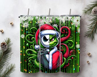 Grinch and Jack Skellington Christmas Tumbler – 20oz Stainless Steel Cup with Straw, Holiday Gift