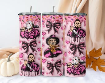 Pink Horror Icon Tumbler with Metal Straw | Horror Movie Characters in Pink | Tumbler with Lid | Perfect Gift for Horror Fans