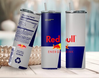 Red Bull-Inspired Tall Slim Tumbler, 20oz Energy Drink Art Tumbler with Straw, Energy Drink Container, Taurine Themed Cup with Iconic Logo