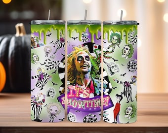 Beetlejuice 20oz Stainless Steel Tumbler with Metal Straw and Lid |Light Green & Purple Design | Bat and Checkered Patterns