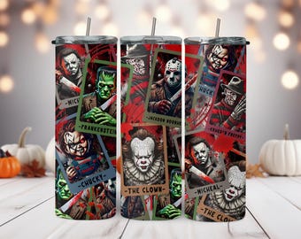 Horror Movie Icon 20oz Halloween Tarot Tumbler | Michael, Frankenstein, Chucky Inspired Art | Metal Straw & Lid | Horror-Themed Drinkware