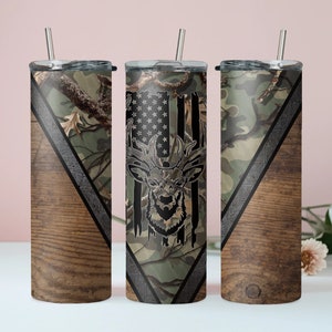 Camouflage & Wood Texture Tumbler Stag Head and American Flag Design | Camo and Deer Inspired Drinkware