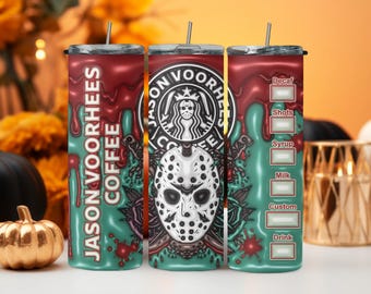 Colorful 20oz Tumbler with Lid and Straw - Jason Voorhees & Coffee Brand Inspired Designs - Premium Horror Movie Themed Drinkware