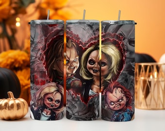 Chucky and Tiffany Halloween 20oz Tumbler with Straw & Lid | Creepy Doll Stitched Face Horror Illustrations | Unique Halloween Gift Ideas