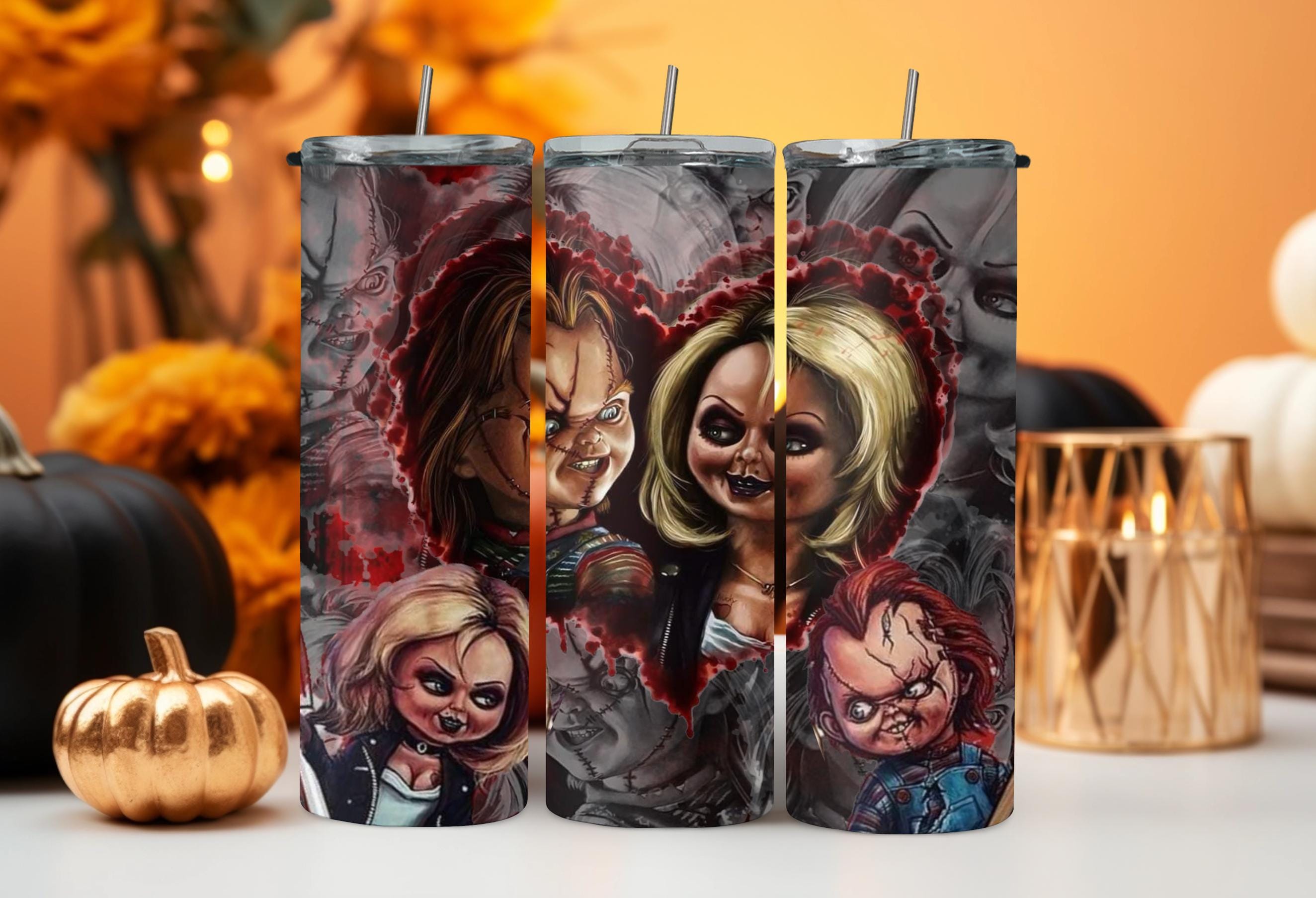 Chucky and Tiffany Halloween 20oz Tumbler With Straw & Lid
