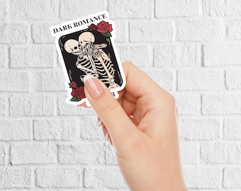 Dark Romance Reader Skeletons Embrace Sticker | Macabre Love Red Roses Decal | Romantic Skeleton Art Sticker | Unique Dark Reader Accessory