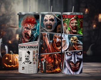 Terrifying Clown Carnage Halloween Tumblers with Straws & Lids, 20oz - Spooky Bloody Clown Designs, Perfect for Horror Lovers, Art The Clown