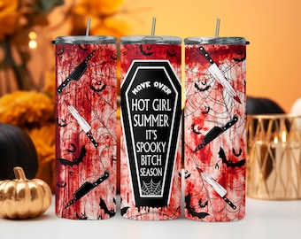 Spooky Bitch Season Stainless Steel Tumbler | 20oz Tumbler w/ Lid and Straw | Red & Black Spider Web Design | Halloween Themed Gift Idea