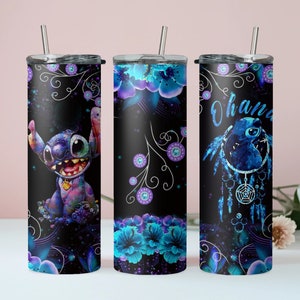 20oz,12oz Stainless Steel Tumbler Colorful Cartoon Character Floral Designs Stitch, Blue Flowers Ohana Text