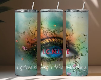 20oz Insulated Tumbler with Straw & Lid - I.G.N.I.T.E. Inspired Design, Artistic Landscape with Eye Reflection, Reusable Drinkware