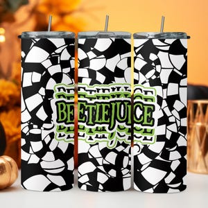 Beetlejuice Mosaic Tumblers with Metal Straws - 20oz, Black & White Pattern, Seasonal Autumnal Theme, Gift