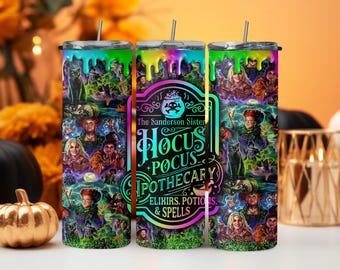 Hocus Pocus Apothecary Tumbler with Metal Straw & Lid - 20oz Insulated, Colorful Fantasy Designs, Witch-Themed, Perfect for Elixirs
