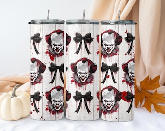Pennywise Clown Face Coquette Tumbler - 20oz Insulated Drinkware with Metal Straw & Lid - Perfect for Horror Fans