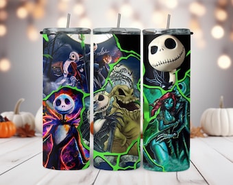 Nightmare Before Christmas Tumblers | 20oz Halloween Tumbler with Lid and Straw | Skulls, Floral Artwork Fans of Tim Burton | Holiday Gifts