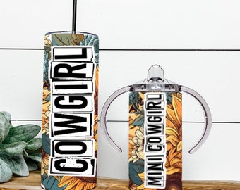 Cowgirl & Mini Cowgirl Tumbler and Sippy Cup Set - Drinking Tumblers with Straw and Handles, Mom and Mini Matching Drinkware Gift Set