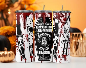 Spooky Bitch Season 20oz Tumbler w/ Straw and Lid - Halloween Blood Splatter, Eerie Mask, Coffin, Spider Web & Bats - Perfect Halloween Gift