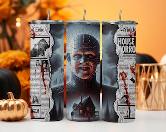Haunting Hellraiser Themed Stainless Steel Tumbler Set | 20oz Horror Tumbler with Straw and Lid | Spooky Newspaper Clippings Design